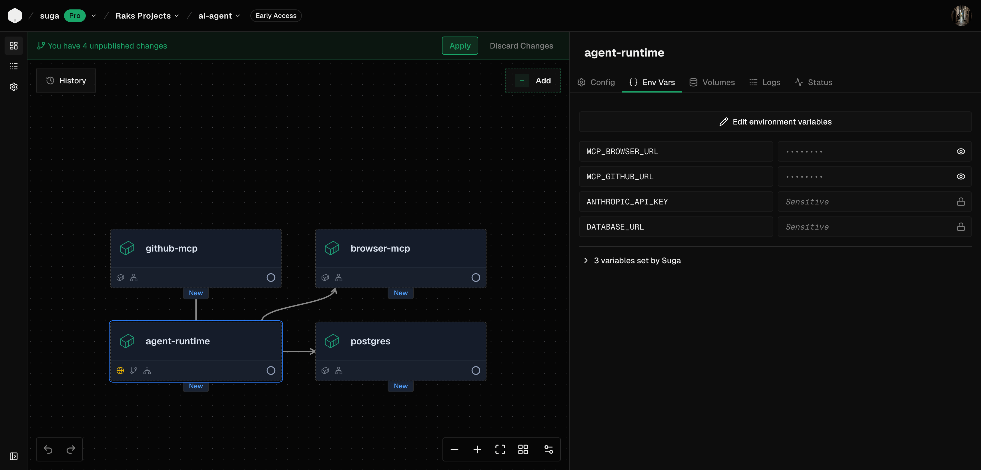Suga environment canvas with an agent runtime, Postgres, and MCP servers (github-mcp and browser-mcp) grouped together on a shared private network
