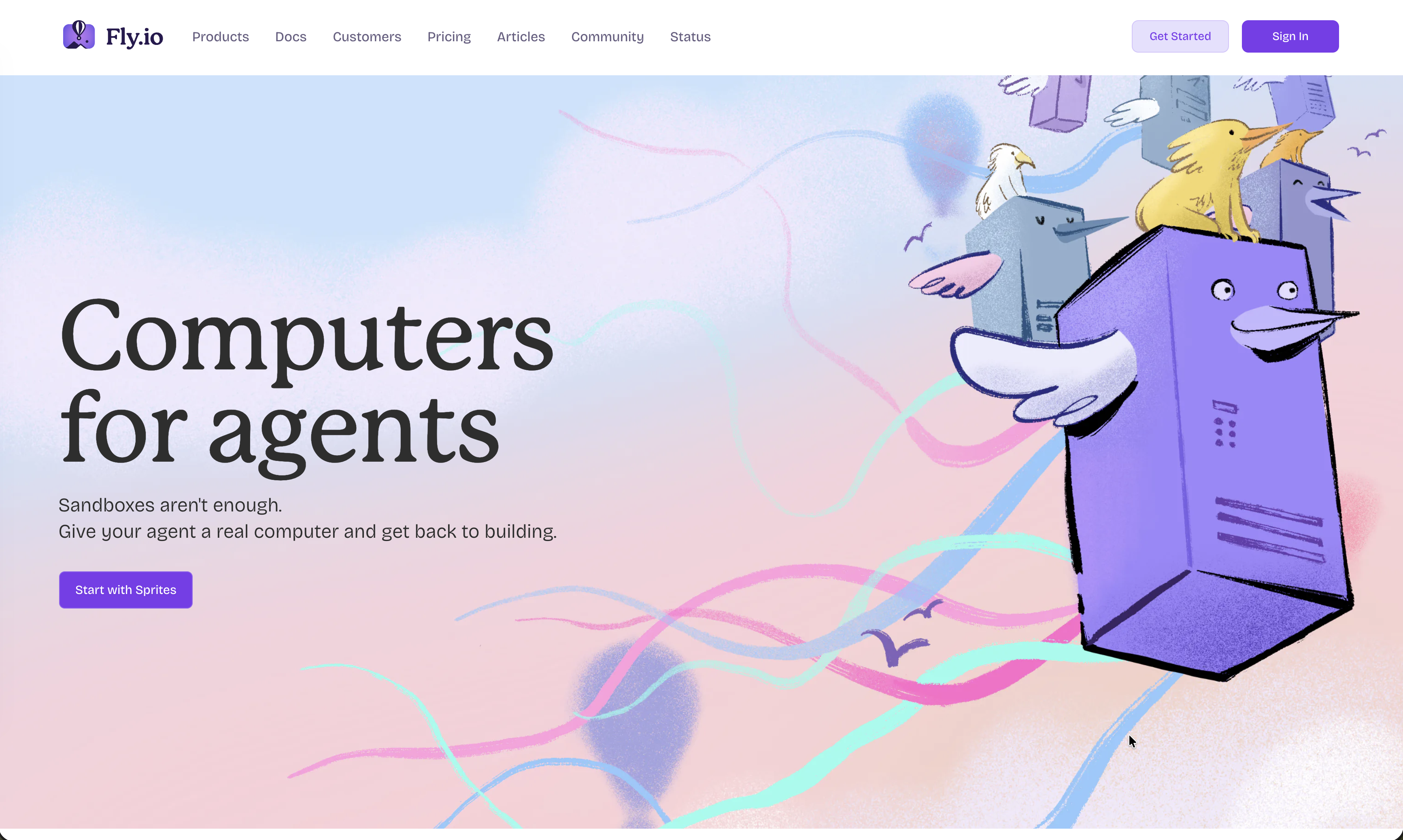 Fly.io landing page hero with mascot illustration
