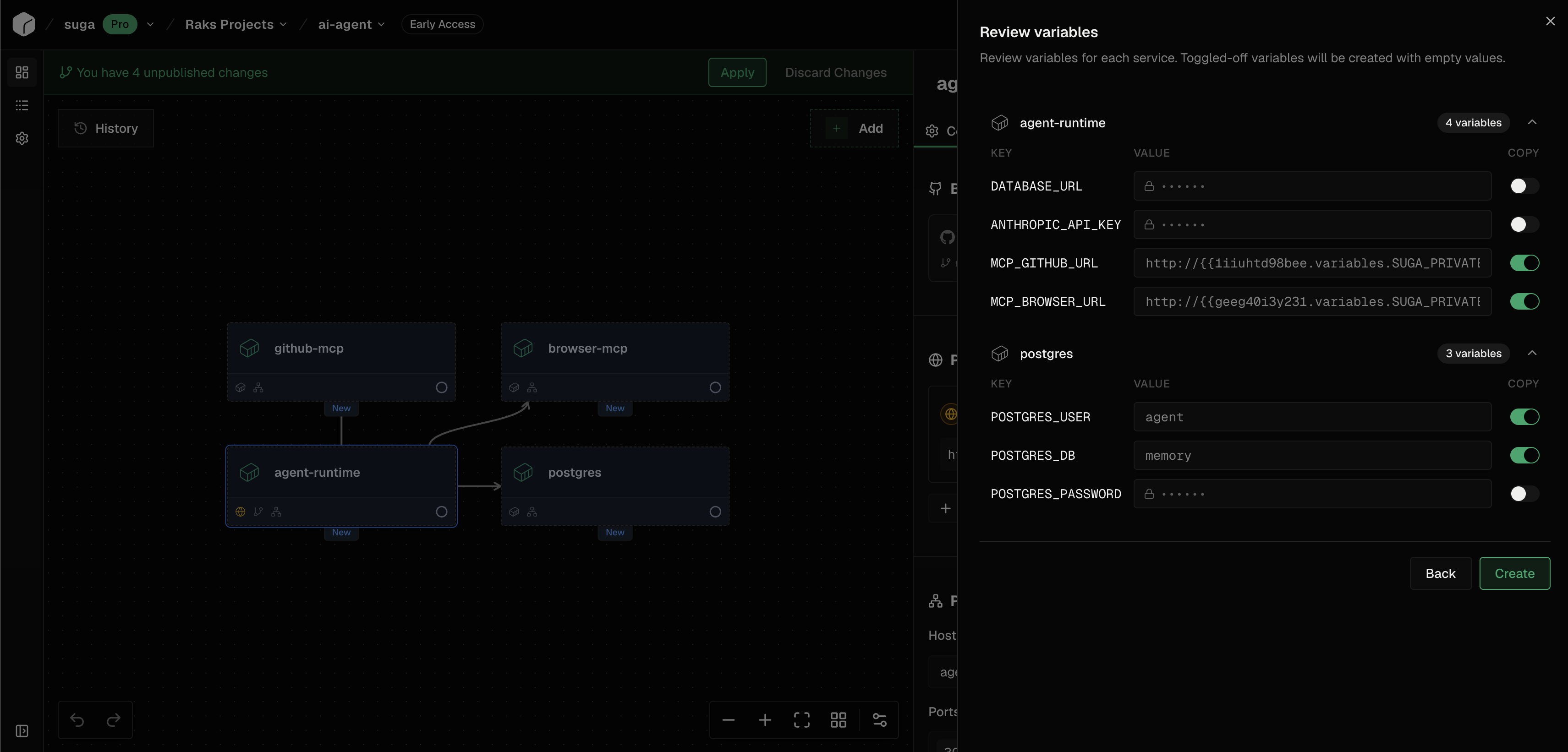 Suga fork dialog cloning a production agent environment into a new named environment with the full set of containers preserved