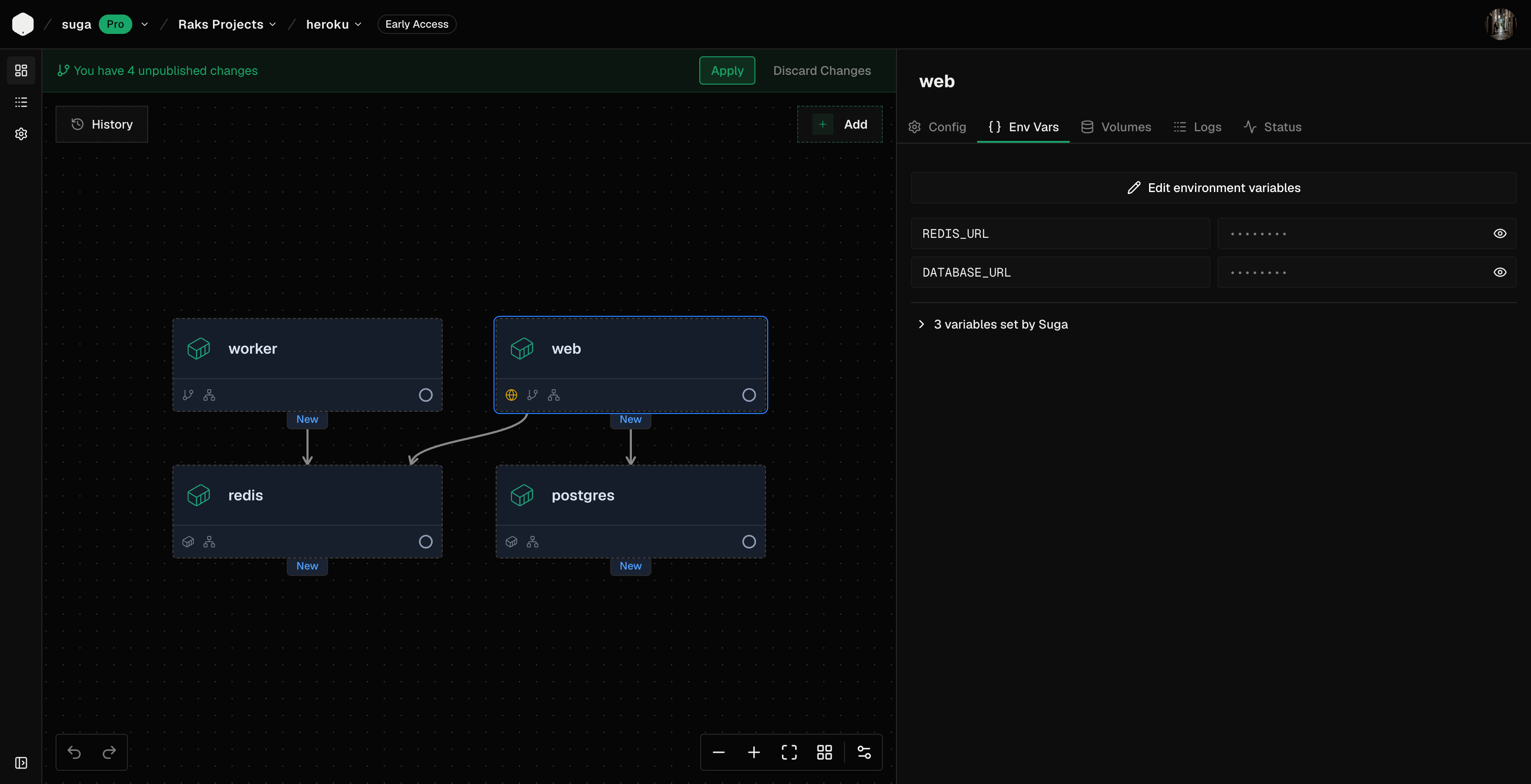 Suga environment canvas with web, worker, Postgres, and Redis containers grouped together on a shared private network