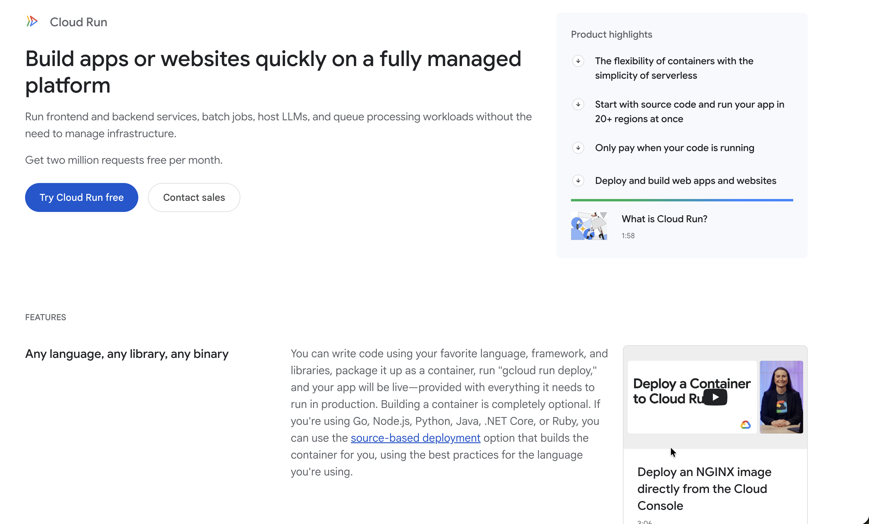 Google Cloud Run product page with feature highlights
