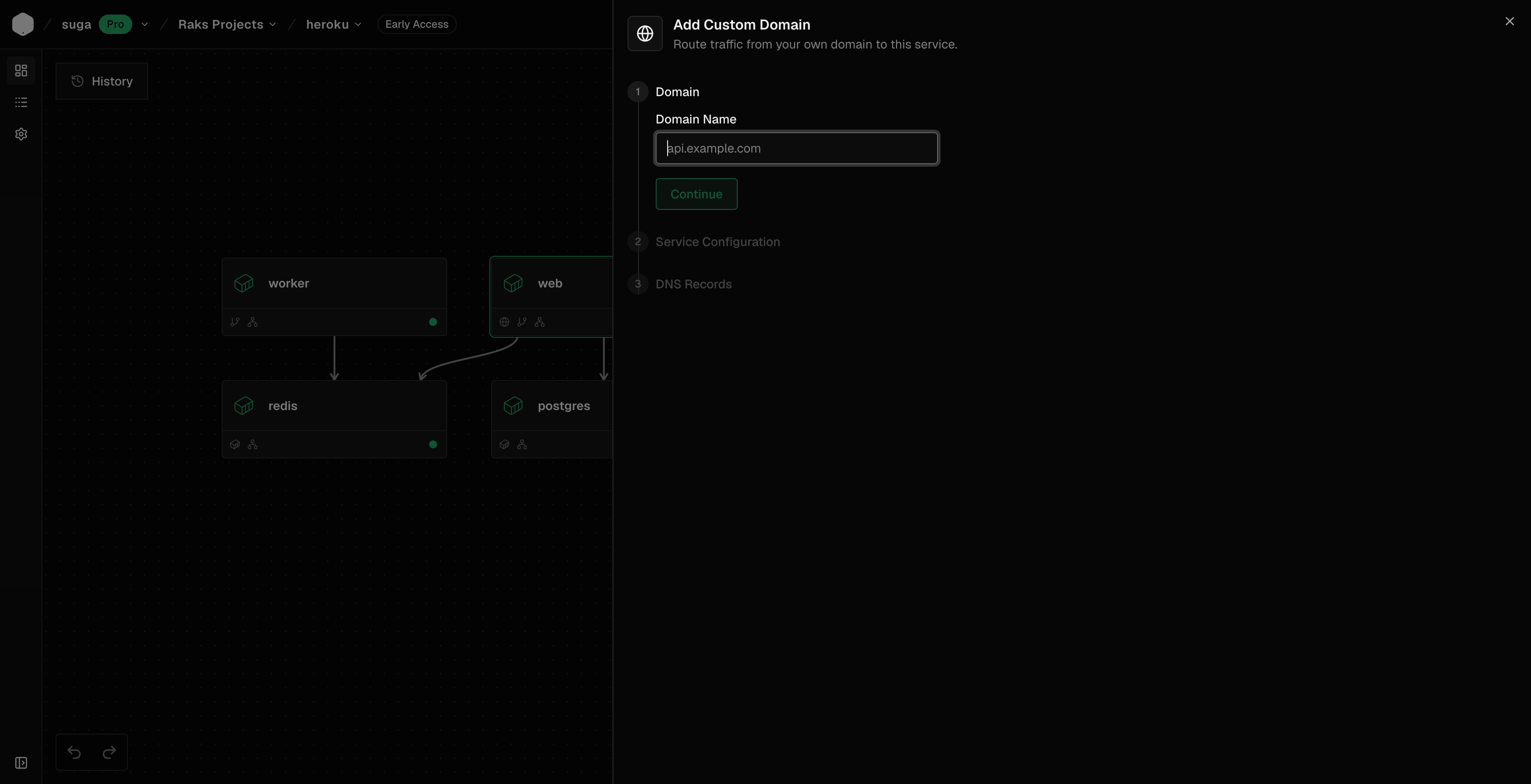 Add Custom Domain dialog in Suga, walking through domain name, service configuration, and DNS records for the web container