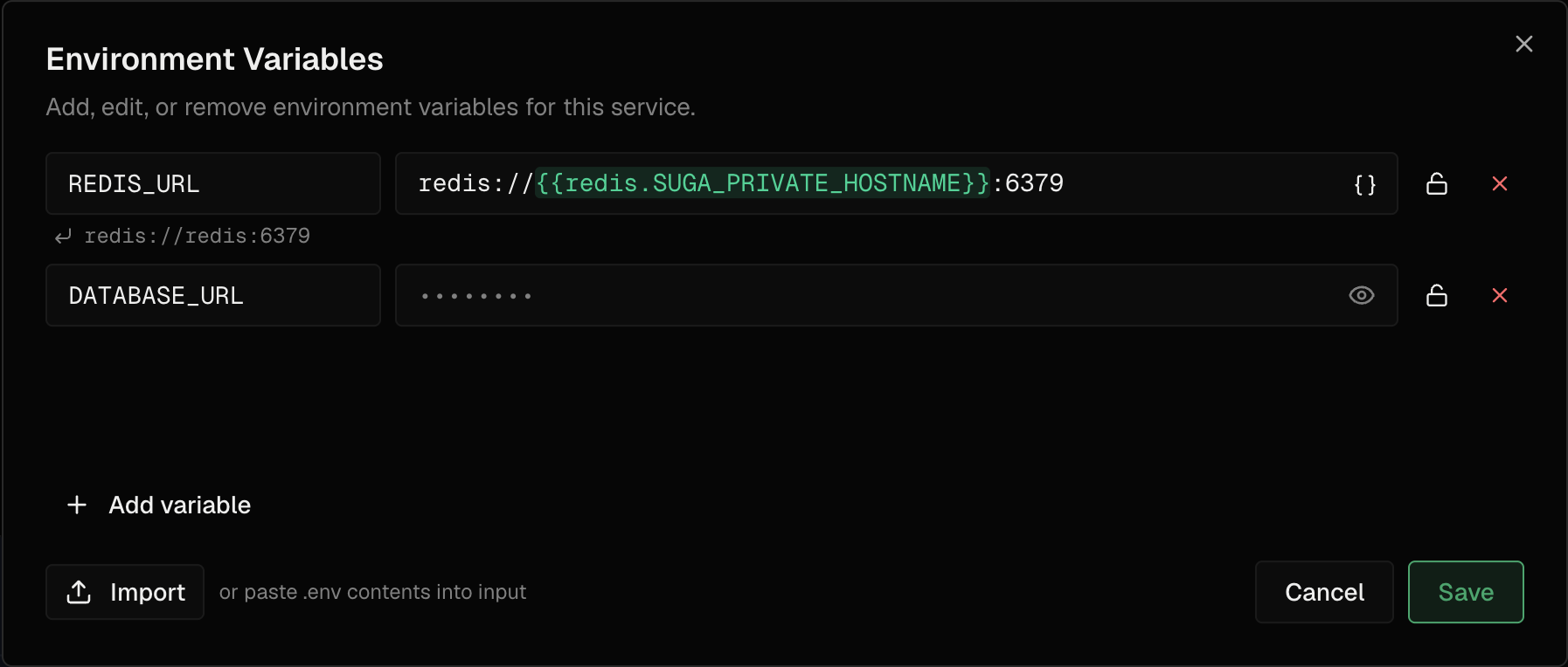 Environment variables editor on the web container, showing REDIS_URL built from cross-container references to the Redis password and private hostname, and DATABASE_URL kept sensitive