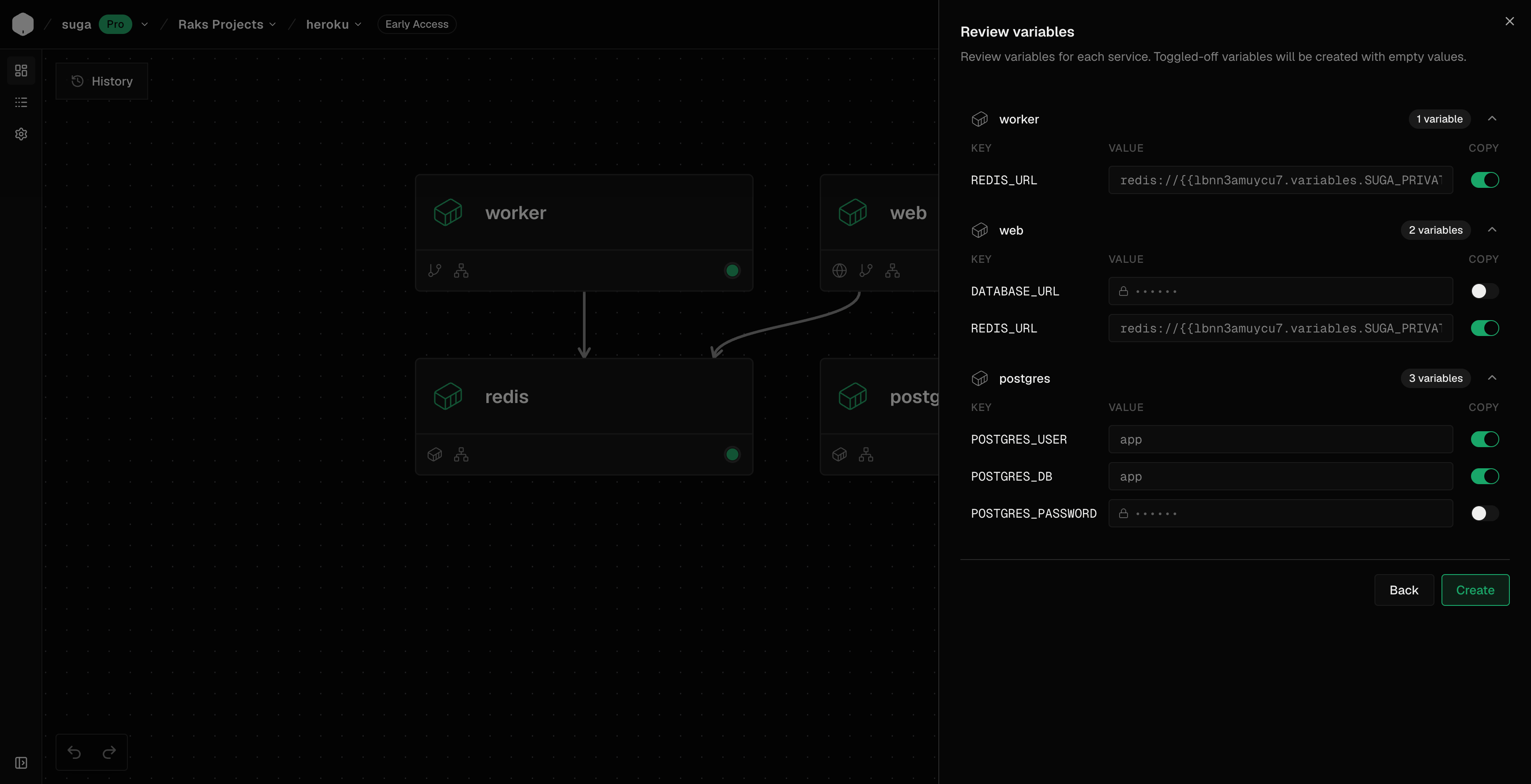 Suga fork dialog showing environment variables carried over into the forked environment alongside the container graph