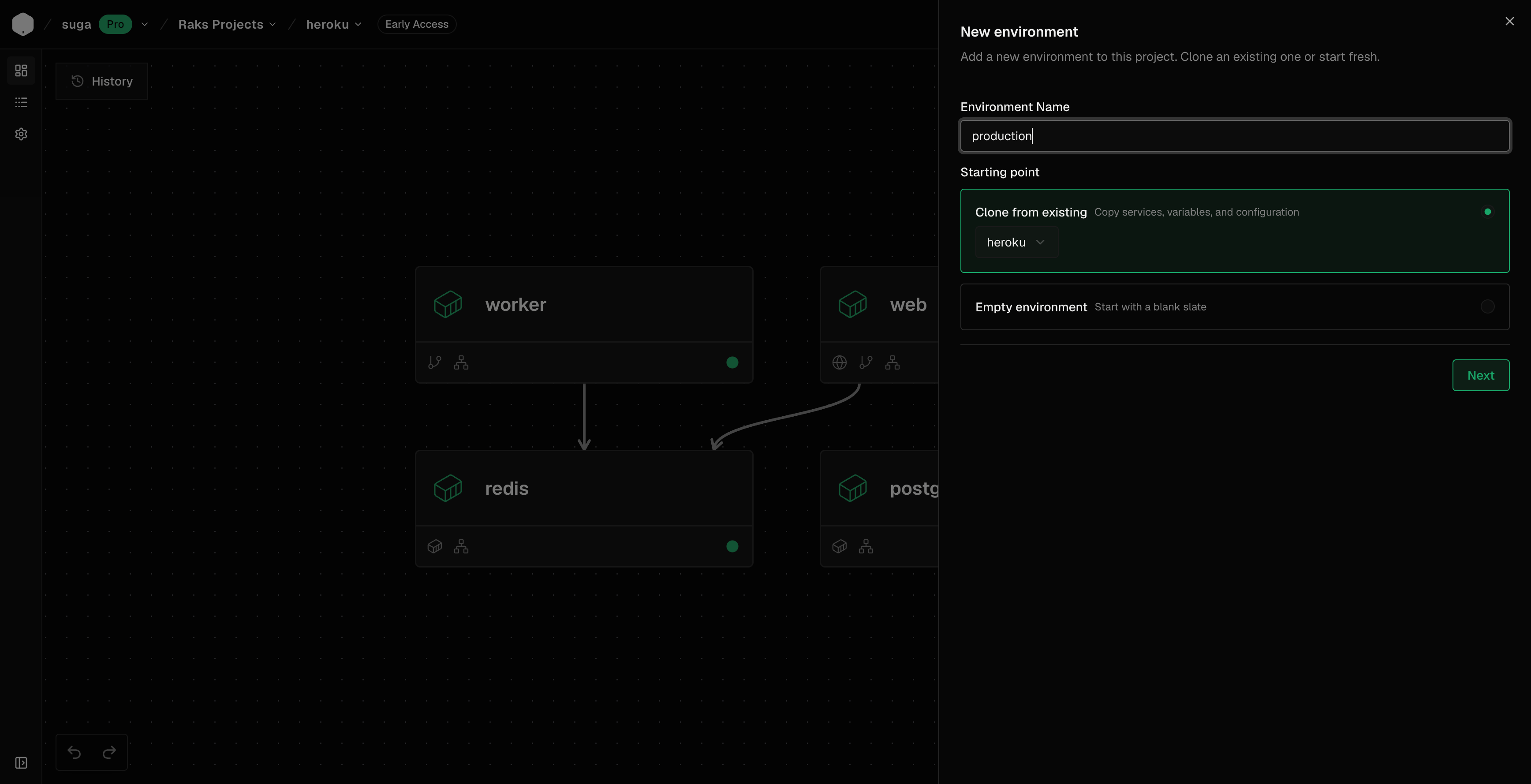 Suga fork dialog cloning the heroku environment into a new named environment with the full container graph preserved