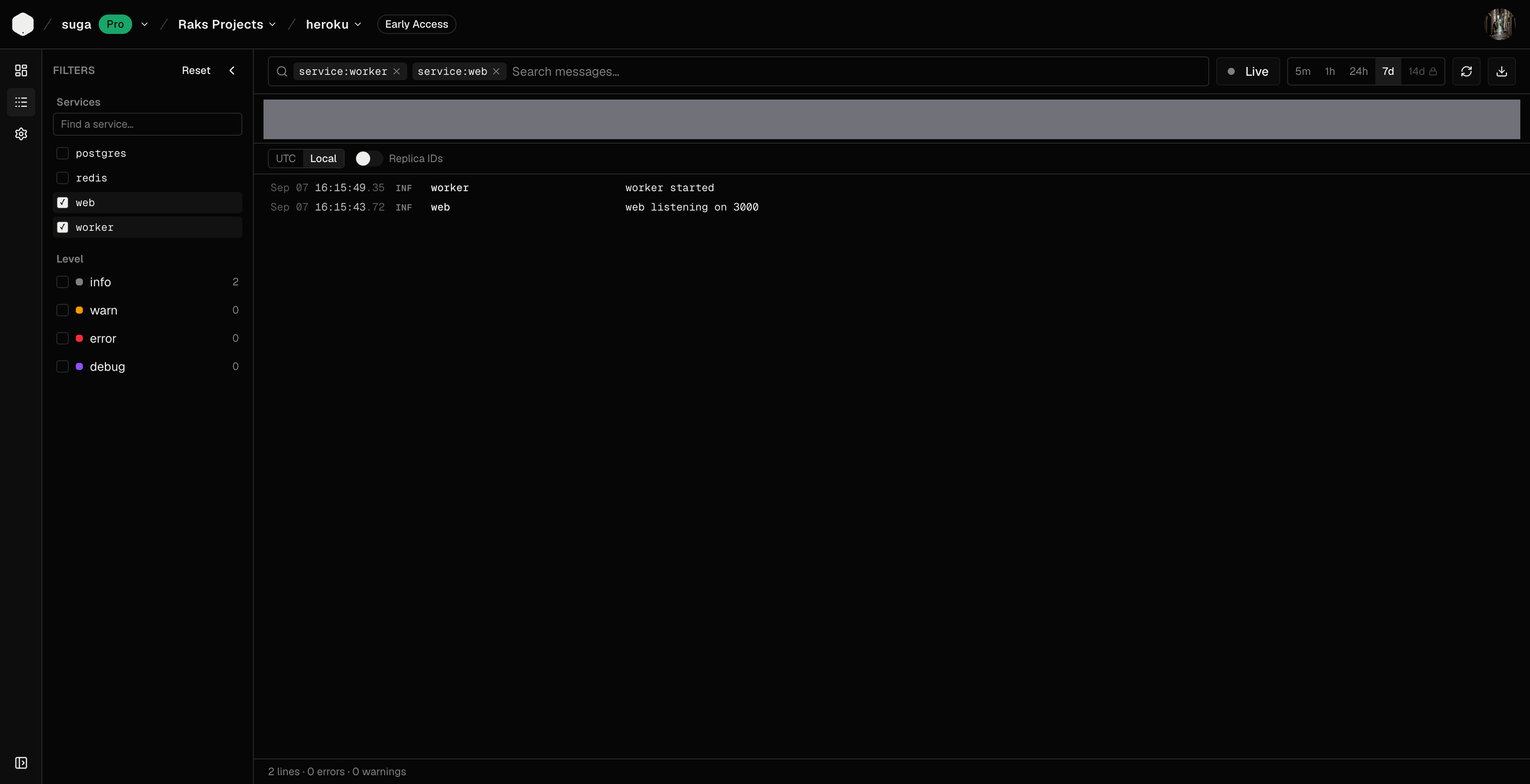 Suga logs view filtered to the web and worker containers, showing both processes running (web listening on 3000, worker started) with 0 errors and 0 warnings
