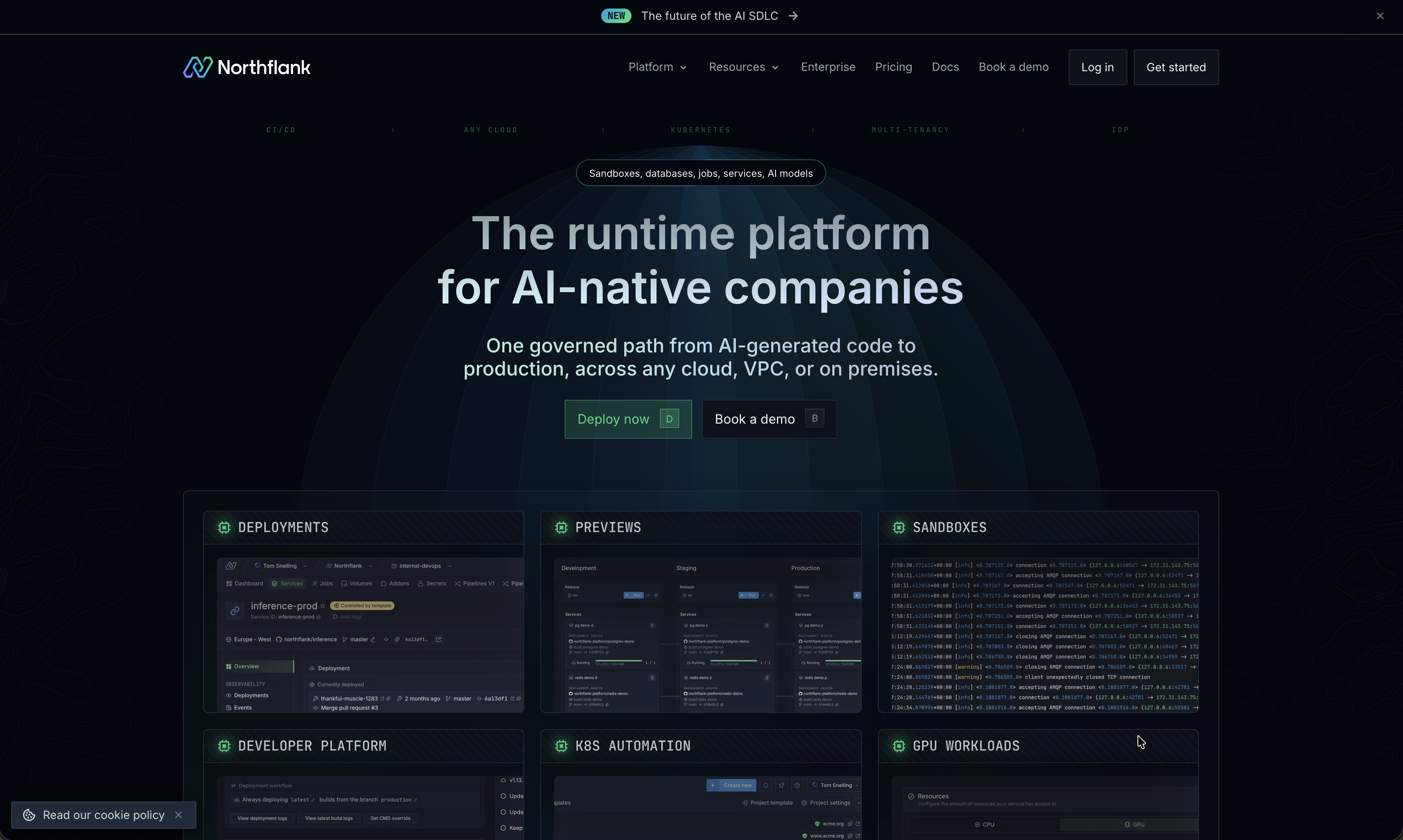 Northflank landing page with product tiles for deployments, previews, sandboxes, etc