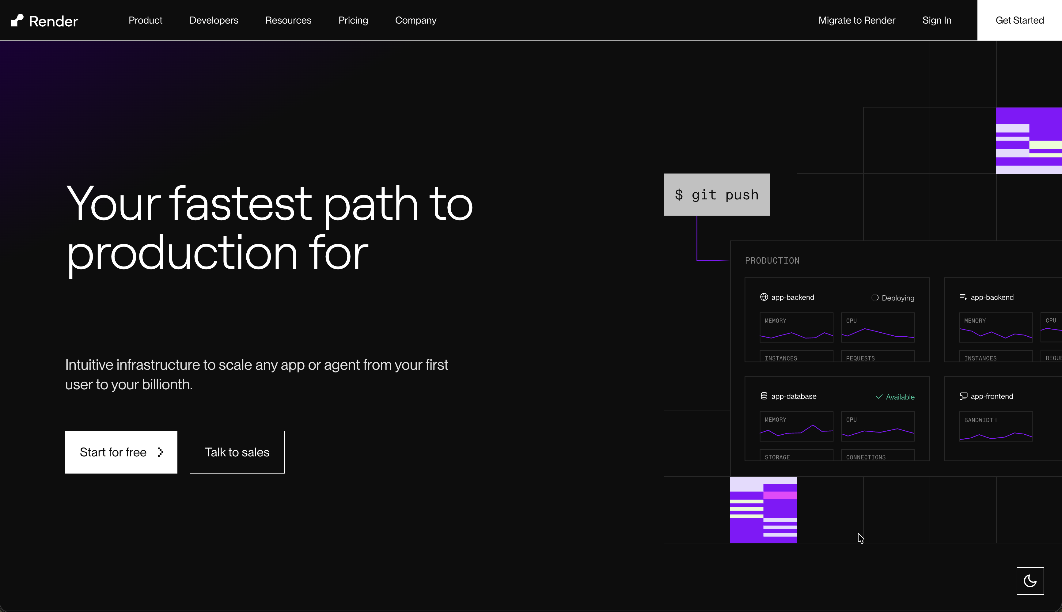 Render landing page with a dashboard preview showing services and resource metrics