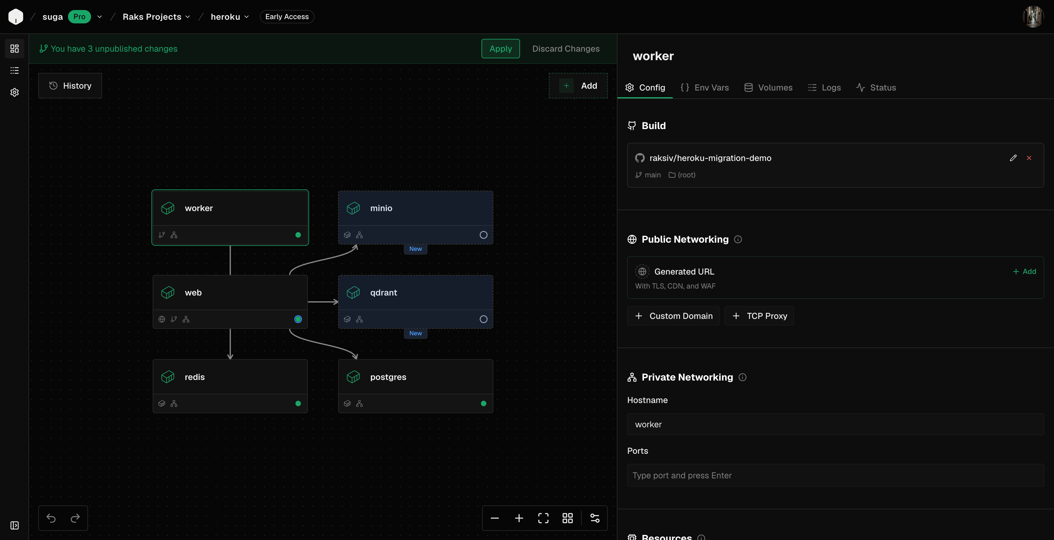Suga environment canvas showing web, worker, Postgres, Redis, Qdrant, and MinIO containers connected on a shared private network via cross-container variable references, staged by an MCP agent
