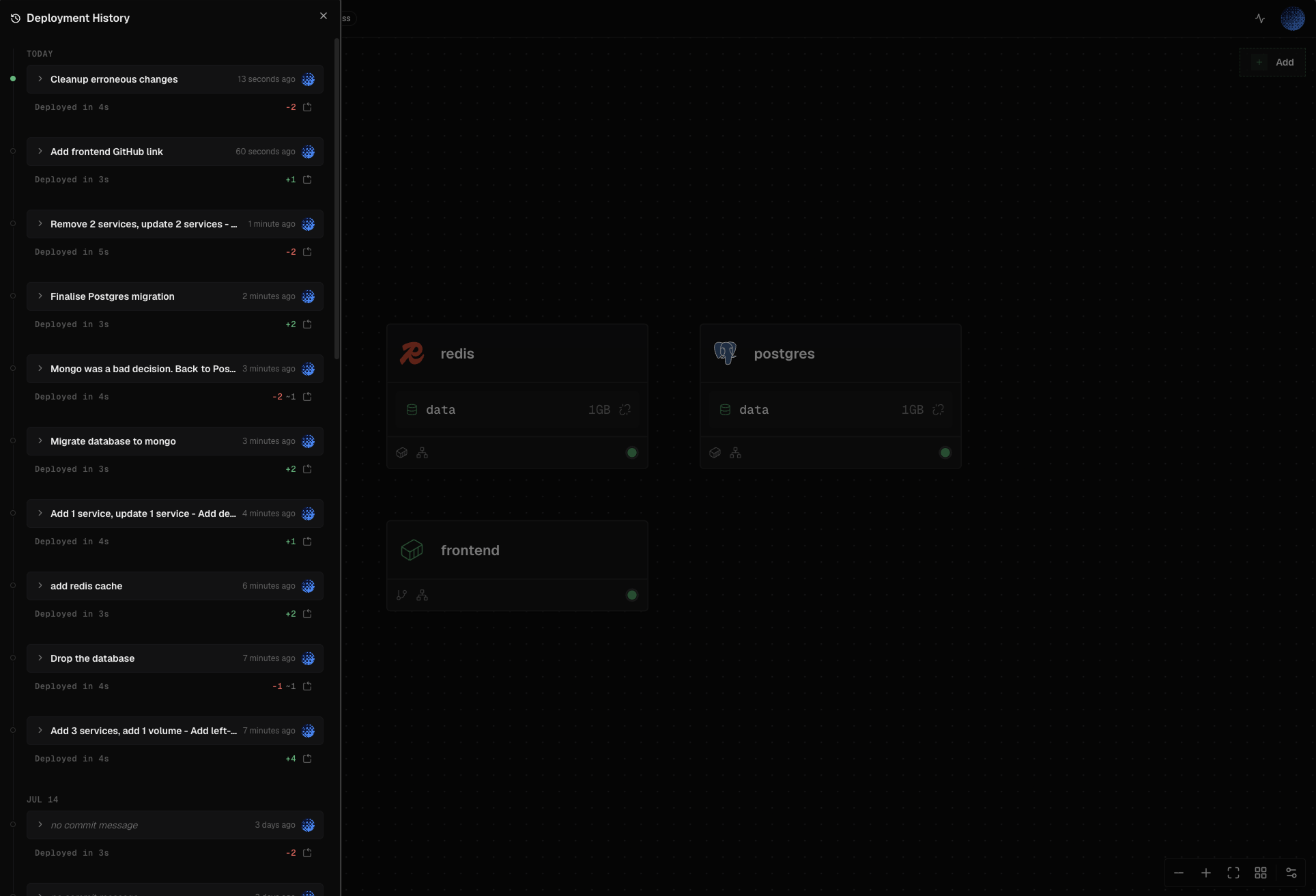 The redesigned deployment history panel