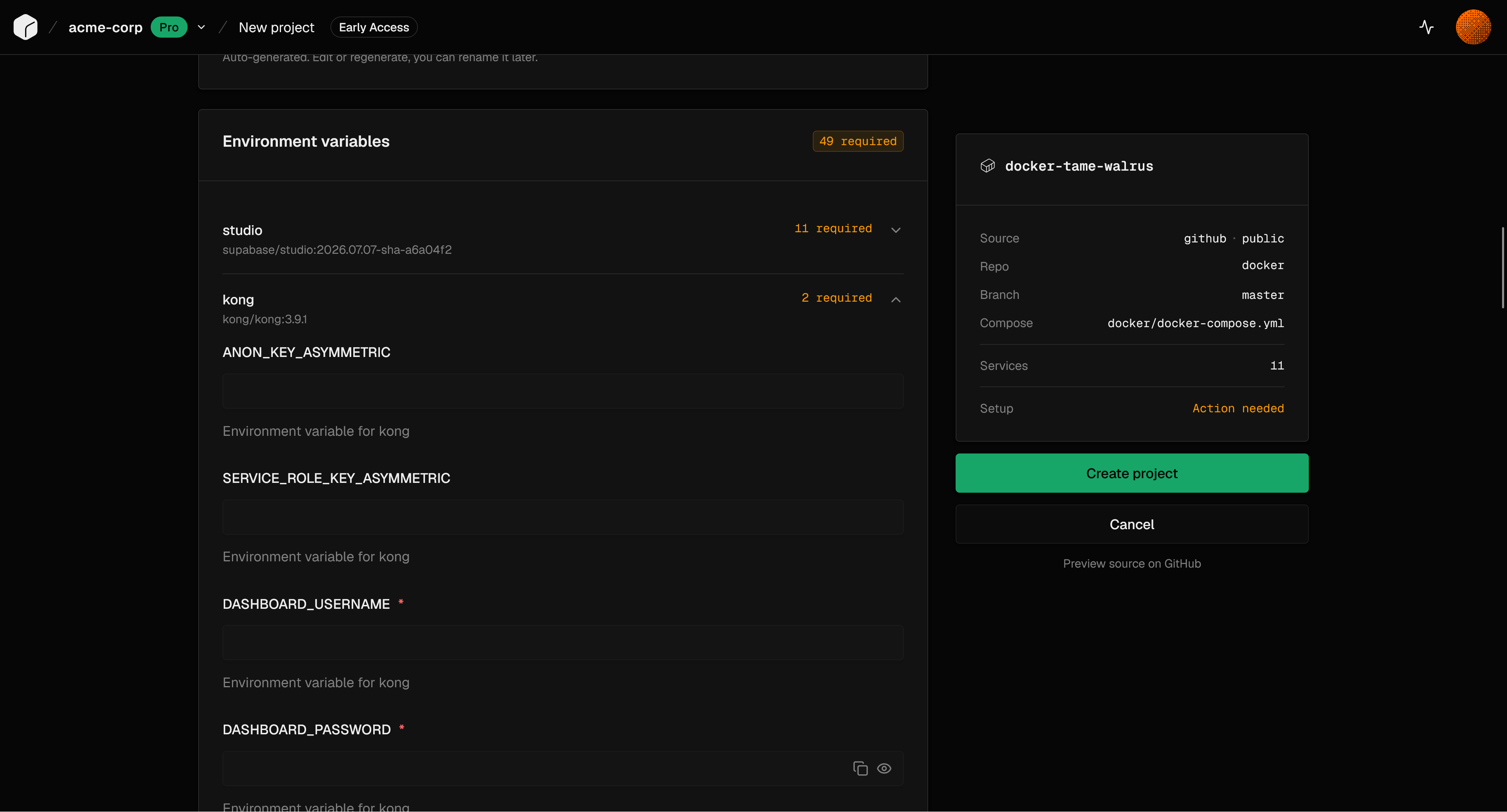 Configuring environment variables while importing a Docker Compose stack