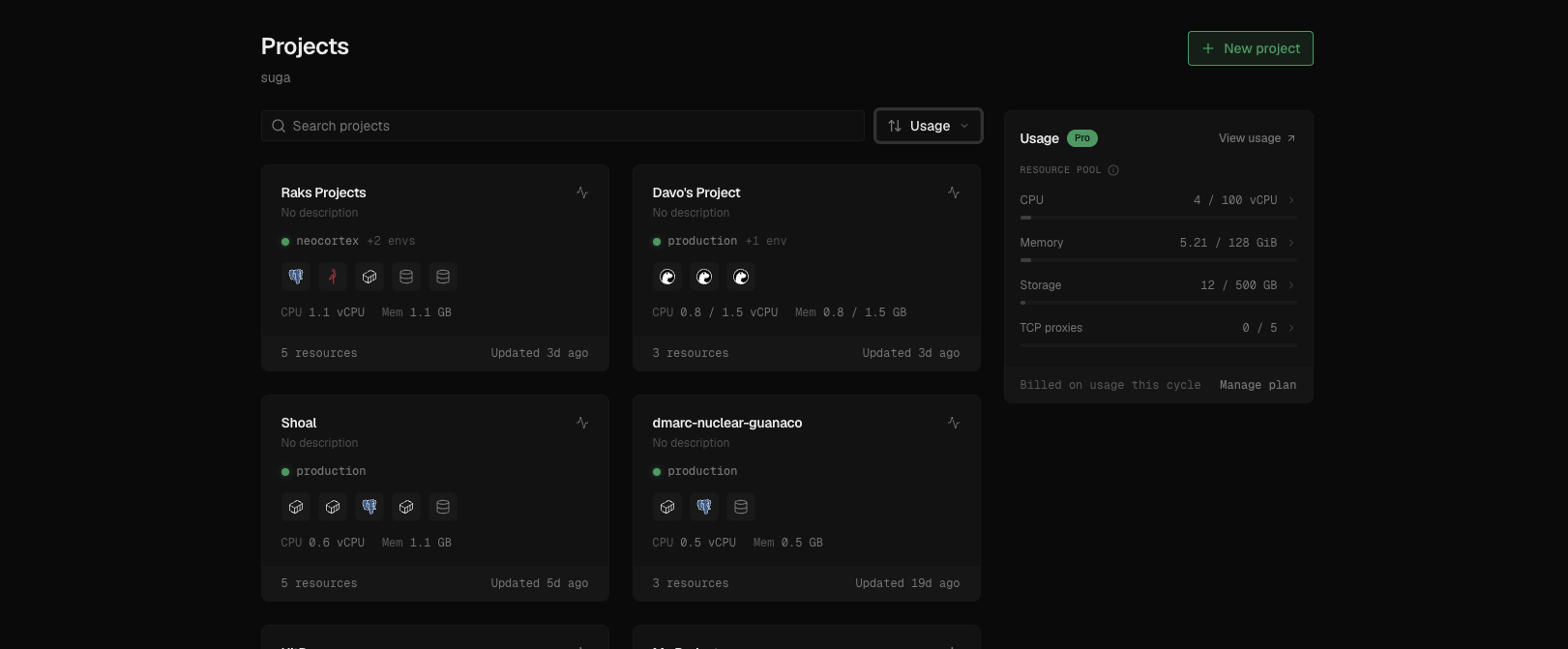 The usage card alongside the projects list