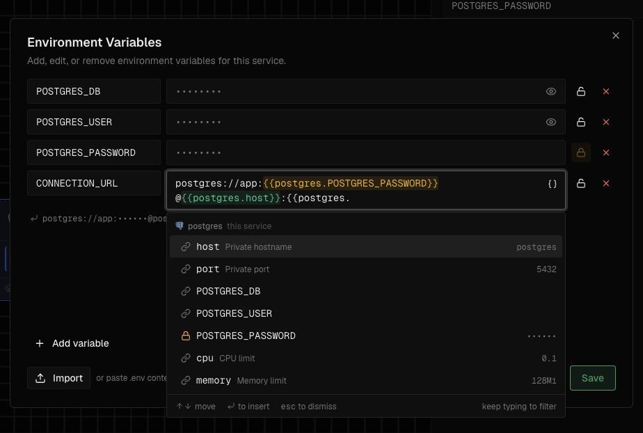 The reference picker open in an environment variable value